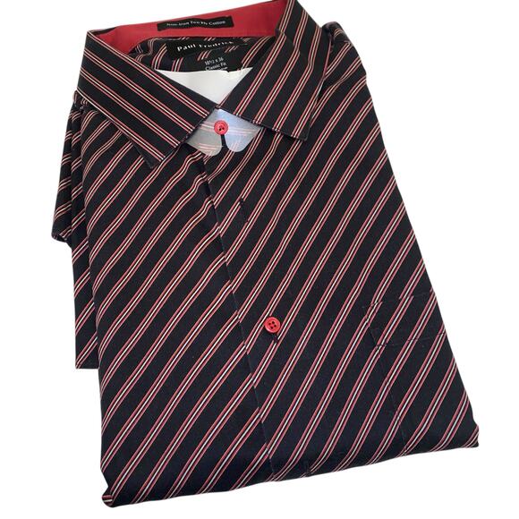 NWT Paul Fredrick Classic Fit Red Blue Striped 18.5 x 36 Non-Iron Two Ply Cotton - Picture 1 of 10